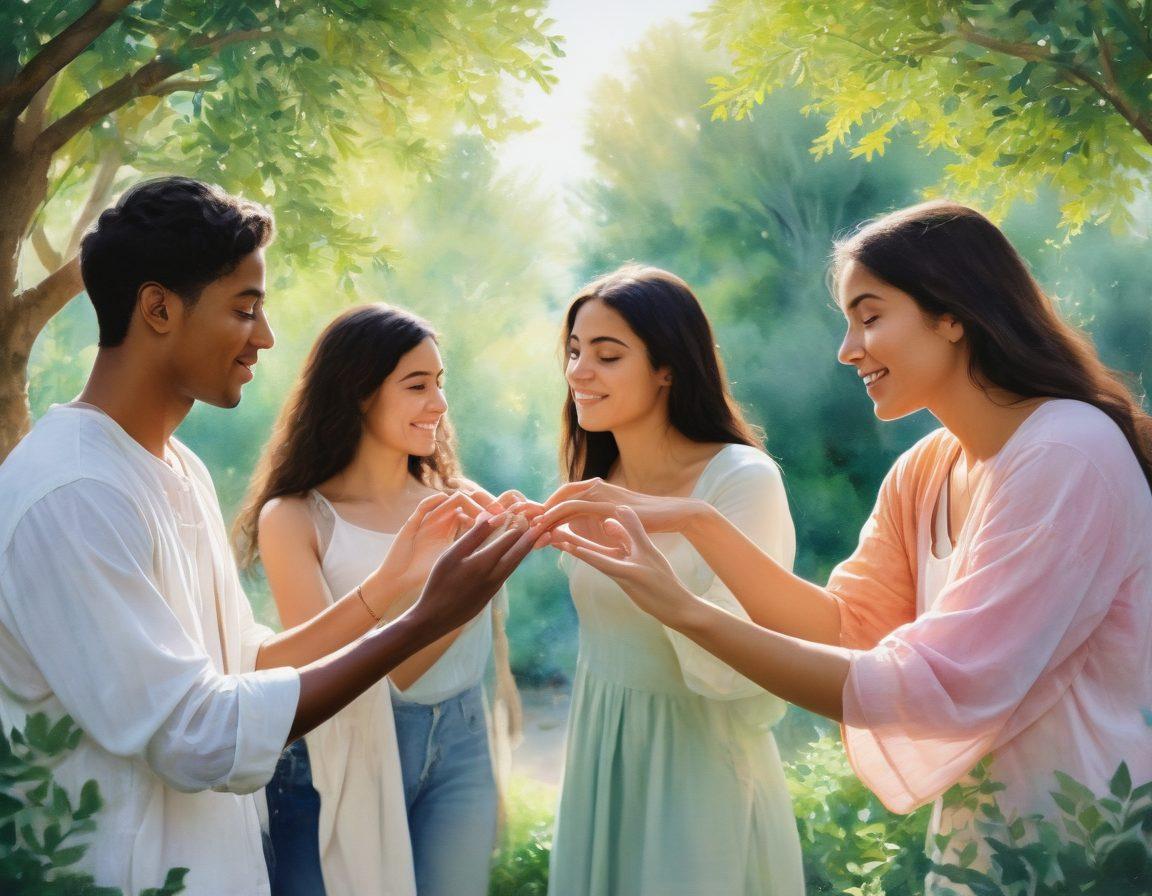 A serene university campus with students engaging in open conversations about intimacy and sexual wellness. Include a diverse group of young adults sharing knowledge and support in a comfortable outdoor setting, surrounded by vibrant greenery. Soft sunlight filters through the trees, symbolizing warmth and understanding. Integrate subtle symbols of love and connection, like heart shapes or intertwined hands, to enhance the theme. watercolor painting. vibrant colors. soft focus.