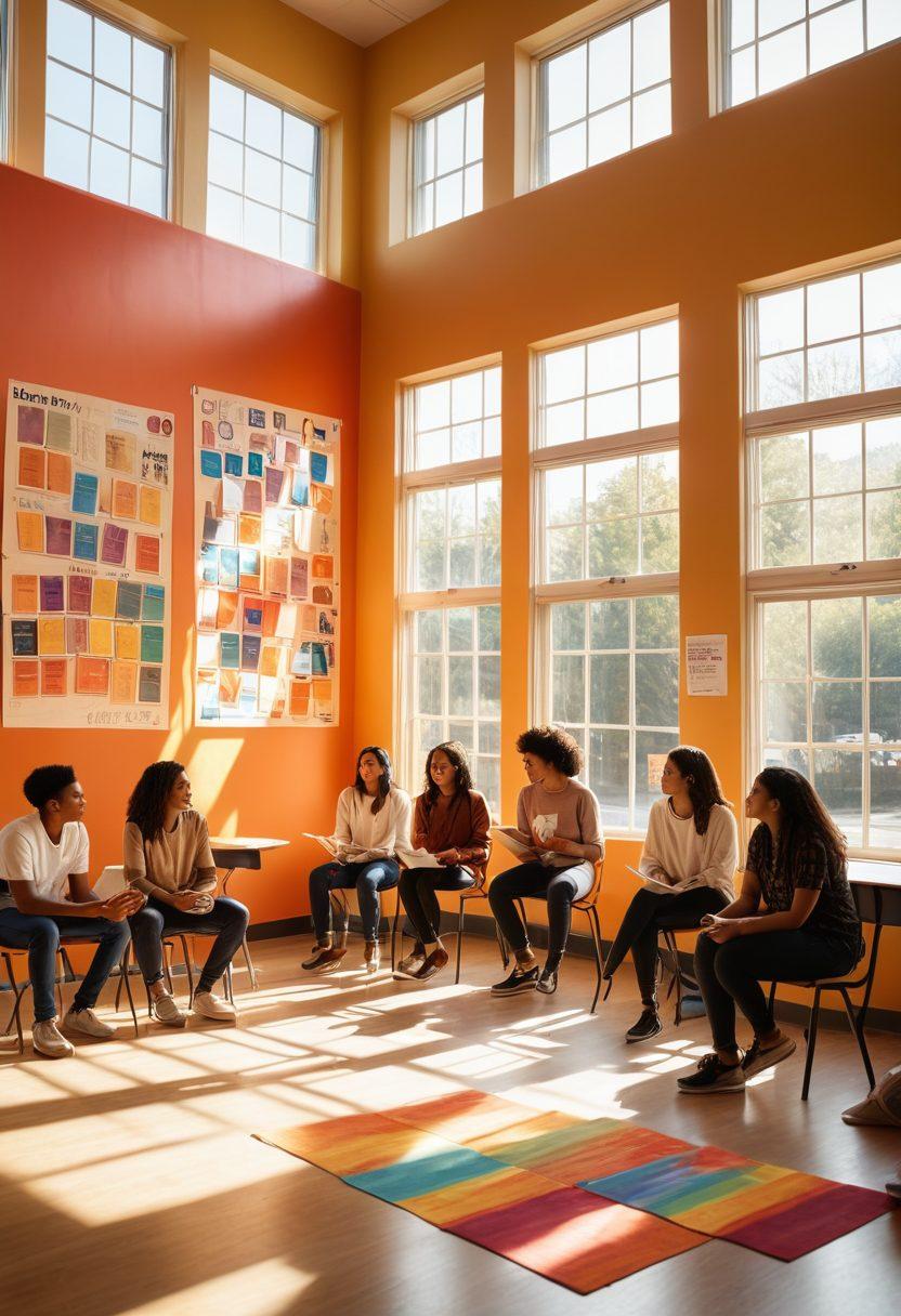A diverse group of students gathered in a bright, open classroom, engaging in an interactive workshop about sexual wellness and consent. Colorful posters on the walls display key concepts related to healthy relationships and respect. The atmosphere is warm and inviting, with students actively participating and sharing ideas. Soft sunlight filters through large windows, creating a positive learning environment. super-realistic. vibrant colors. warm tones.