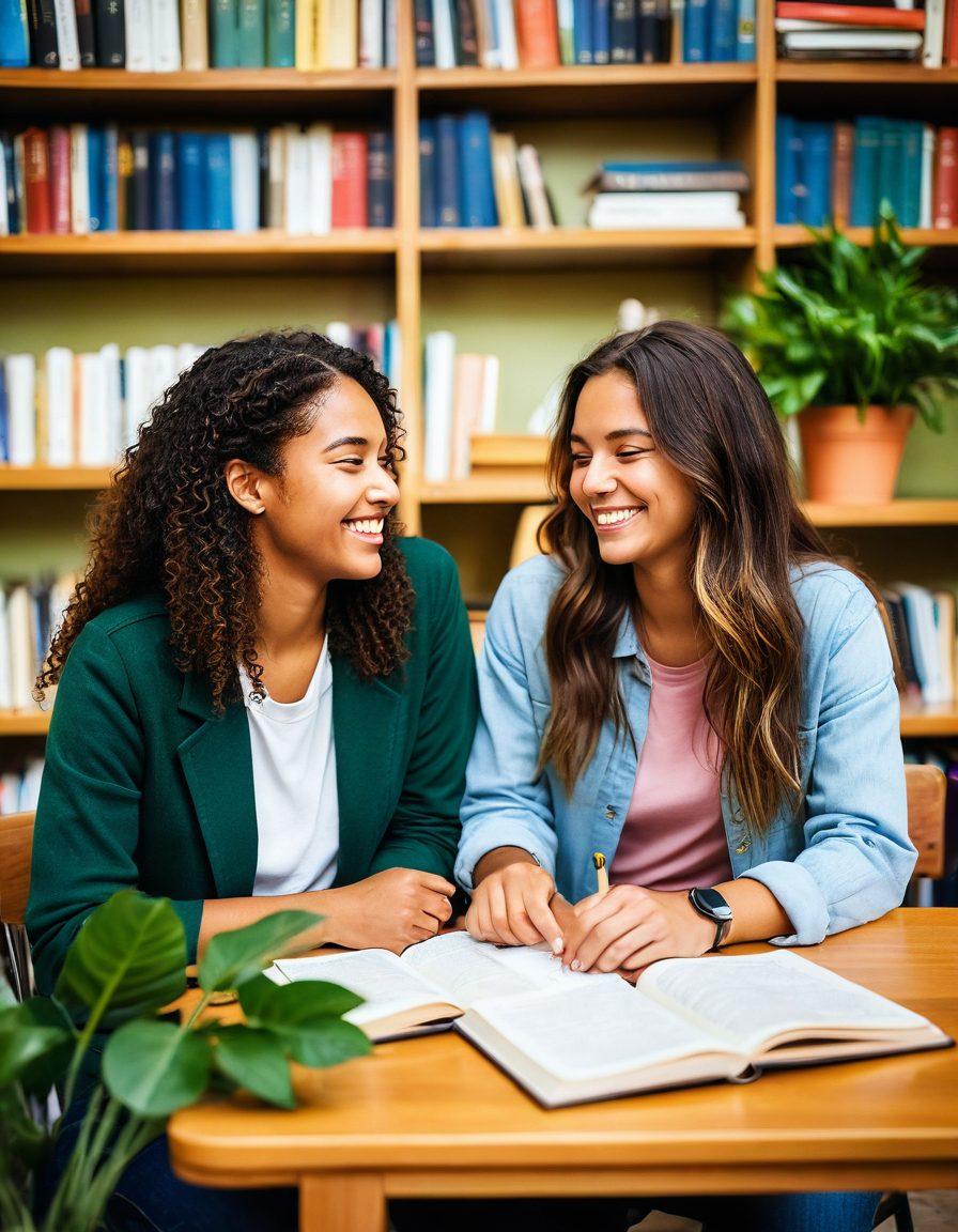A cozy college setting featuring two diverse students sitting close together in a serene study room, sharing a laugh while surrounded by books and plants. Their warm expressions embody friendship and intimacy, with soft lighting creating a welcoming atmosphere. Include personal items like coffee mugs and notebooks, symbolizing connection and shared experiences. super-realistic. warm colors. soft focus.
